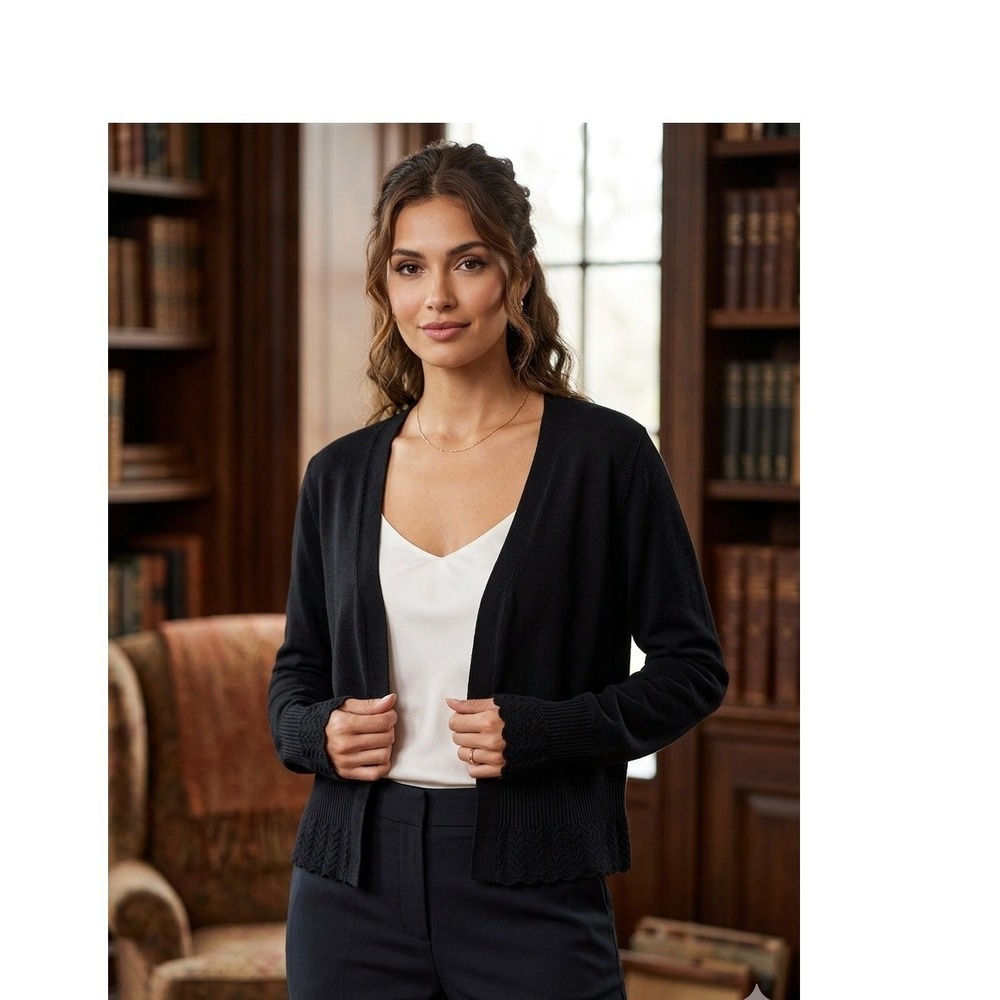 Express Womens Black Open Front Pointelle Scallop Hem Cardigan Sweater Small NEW